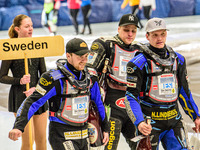 Swedish Riders on the parade lap (l-r), Martin Haarahiltunen (199), Jimmy Olsen (81) and Niclas Svensson (192) during the Ice Speedway Gladi...