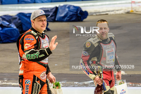 Czech riders on the parade, Lukas Hutla (212) (left) and Andrej Divis (107)  during the Ice Speedway Gladiators World Championship Final 1 a...