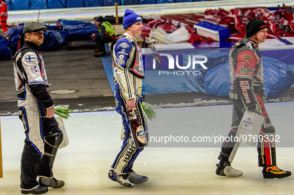 (l-r) Mats Jarf (74), Max Koivula (24) and Jo Saetre (357) on the re-meeting parade during the Ice Speedway Gladiators World Championship Fi...