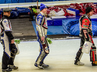 (l-r) Mats Jarf (74), Max Koivula (24) and Jo Saetre (357) on the re-meeting parade during the Ice Speedway Gladiators World Championship Fi...