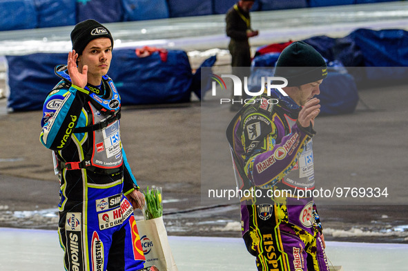 Luca Bauer (48) (left) and Max Neidermaier (18) (Reserve) on the pre-meeting parade during the Ice Speedway Gladiators World Championship Fi...