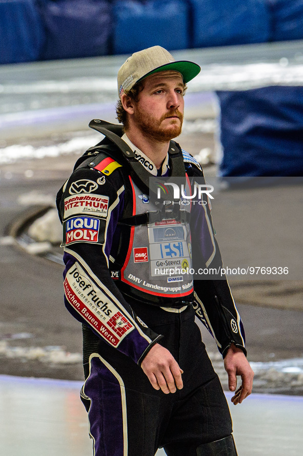 Benedikt Monn (17) (Reserve) on the pre-meeting parade during the Ice Speedway Gladiators World Championship Final 1 at Max-Aicher-Arena, In...