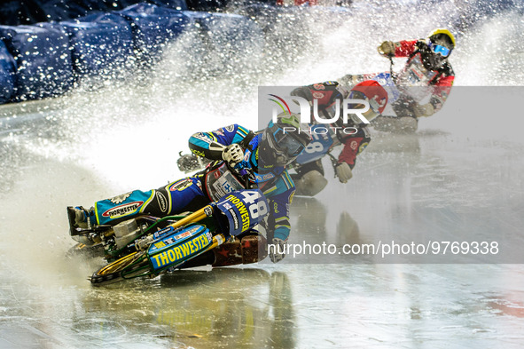 Luca Bauer (48) (White) leads Stefan Svensson (58) (Blue) and Harald Simon (50) (Yellow) during the Ice Speedway Gladiators World Championsh...