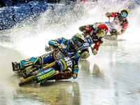 Luca Bauer (48) (White) leads Stefan Svensson (58) (Blue) and Harald Simon (50) (Yellow) during the Ice Speedway Gladiators World Championsh...