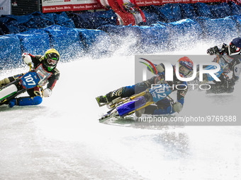 Niclas Svensson (192) (Red) leads Andrej Divis (107) (White) and Mats Jarf (74) (Blue) during the Ice Speedway Gladiators World Championship...