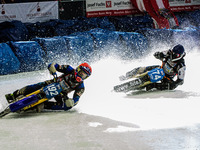 Niclas Svensson (192) (Red) leads Mats Jarf (74) (Blue) during the Ice Speedway Gladiators World Championship Final 1 at Max-Aicher-Arena, I...