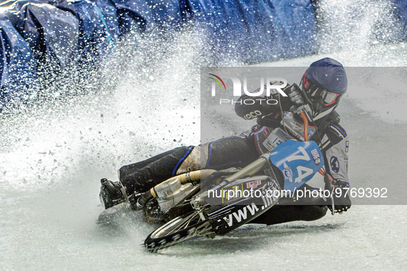 Mats Jarf (74) in action during the Ice Speedway Gladiators World Championship Final 1 at Max-Aicher-Arena, Inzell, Germany on Saturday 18th...