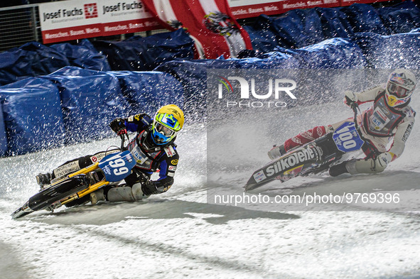 Martin Haarahiltunen (199) (Yellow) leads Franz Zorn (100)(White) during the Ice Speedway Gladiators World Championship Final 1 at Max-Aiche...