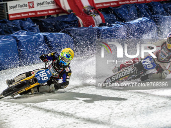 Martin Haarahiltunen (199) (Yellow) leads Franz Zorn (100)(White) during the Ice Speedway Gladiators World Championship Final 1 at Max-Aiche...