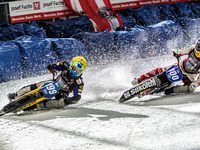 Martin Haarahiltunen (199) (Yellow) leads Franz Zorn (100)(White) during the Ice Speedway Gladiators World Championship Final 1 at Max-Aiche...