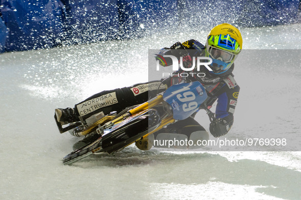 Martin Haarahiltunen (199) in action during the Ice Speedway Gladiators World Championship Final 1 at Max-Aicher-Arena, Inzell, Germany on S...