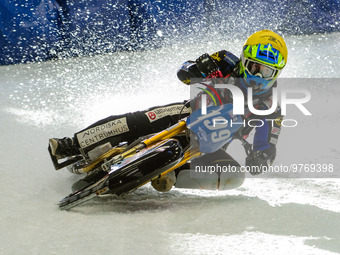 Martin Haarahiltunen (199) in action during the Ice Speedway Gladiators World Championship Final 1 at Max-Aicher-Arena, Inzell, Germany on S...