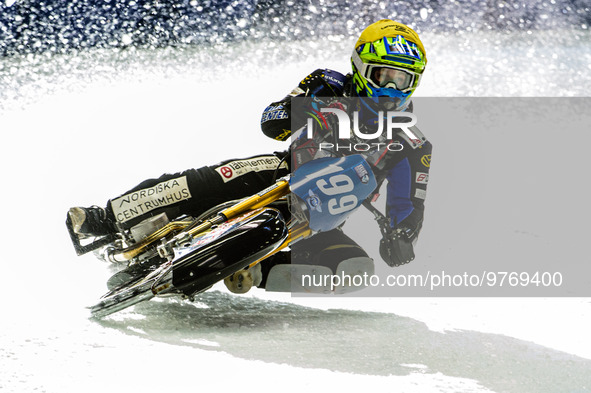 Martin Haarahiltunen (199) in action during the Ice Speedway Gladiators World Championship Final 1 at Max-Aicher-Arena, Inzell, Germany on S...