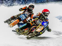 Markus Jell (82) (Red) leads Lukas Hutla (212) (White) during the Ice Speedway Gladiators World Championship Final 1 at Max-Aicher-Arena, In...