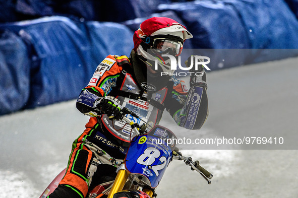 Markus Jell (82) Celebrates his heat win during the Ice Speedway Gladiators World Championship Final 1 at Max-Aicher-Arena, Inzell, Germany...