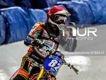 Markus Jell (82) Celebrates his heat win during the Ice Speedway Gladiators World Championship Final 1 at Max-Aicher-Arena, Inzell, Germany...