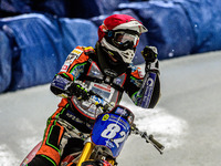 Markus Jell (82) Celebrates his heat win during the Ice Speedway Gladiators World Championship Final 1 at Max-Aicher-Arena, Inzell, Germany...