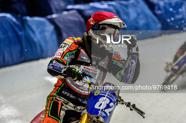 Markus Jell (82) Celebrates his heat win during the Ice Speedway Gladiators World Championship Final 1 at Max-Aicher-Arena, Inzell, Germany...