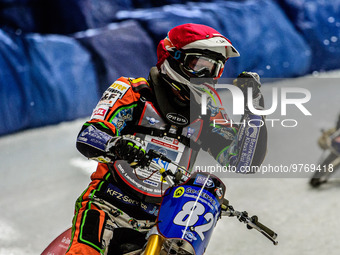 Markus Jell (82) Celebrates his heat win during the Ice Speedway Gladiators World Championship Final 1 at Max-Aicher-Arena, Inzell, Germany...