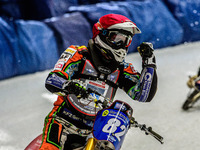 Markus Jell (82) Celebrates his heat win during the Ice Speedway Gladiators World Championship Final 1 at Max-Aicher-Arena, Inzell, Germany...