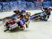 Franz Zorn (100) (Yellow) leads 
Stefan Svensson (58) (Blue) and Niclas Svensson (192) (White)  during the Ice Speedway Gladiators World Cha...