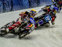 Franz Zorn (100) (Yellow) picks up outside Stefan Svensson (58) during the Ice Speedway Gladiators World Championship Final 1 at Max-Aicher-...