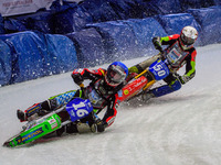 Johann Weber (16) (Blue) leads Harald Simon (50) (White) during the Ice Speedway Gladiators World Championship Final 1 at Max-Aicher-Arena,...