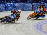 Stefan Svensson (58) (White) leads Lukas Hutla (212) (Blue) who appears to have hit a rut during the Ice Speedway Gladiators World Champions...