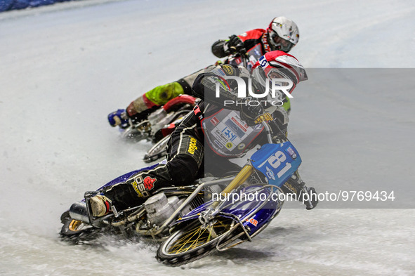 Jimmy Olsen (81) (Red) leads Harald Simon (50) (White) during the Ice Speedway Gladiators World Championship Final 1 at Max-Aicher-Arena, In...