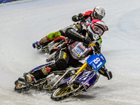 Jimmy Olsen (81) (Red) leads Harald Simon (50) (White) during the Ice Speedway Gladiators World Championship Final 1 at Max-Aicher-Arena, In...