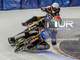 Martin Haarahiltunen (199) (Red) leads Markus Jell (82) (White) during the Ice Speedway Gladiators World Championship Final 1 at Max-Aicher-...