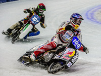 Franz Zorn (100) (Blue) leads Andrej Divis (107) (Red) during the Ice Speedway Gladiators World Championship Final 1 at Max-Aicher-Arena, In...