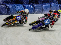 Stefan Svensson (58) (Red) inside Markus Jell (82) (White) with Lukas Hutla (212) behind during the Ice Speedway Gladiators World Championsh...