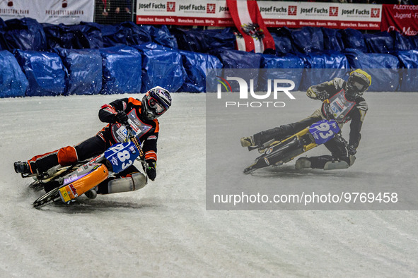 Sebastian Reitsma (283) (White) leads Franz Mayerbuchler (93) (Yellow) during the Ice Speedway Gladiators World Championship Final 1 at Max-...