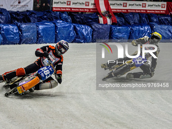 Sebastian Reitsma (283) (White) leads Franz Mayerbuchler (93) (Yellow) during the Ice Speedway Gladiators World Championship Final 1 at Max-...