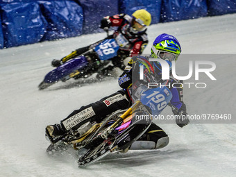 Martin Haarahiltunen (199) (Blue) leads Stefan Svensson (58) (Yellow)  during the Ice Speedway Gladiators World Championship Final 1 at Max-...