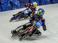 Martin Haarahiltunen (199) (Blue) leads Stefan Svensson (58) (Yellow)  during the Ice Speedway Gladiators World Championship Final 1 at Max-...