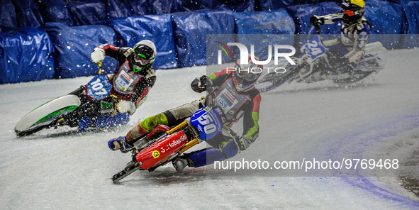 Harald Simon (50) (Red) leads Andrej Divis (107) (White) and Max Koivula (24) (Yellow) during the Ice Speedway Gladiators World Championship...