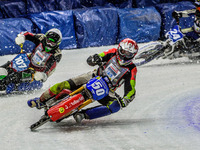 Harald Simon (50) (Red) leads Andrej Divis (107) (White) and Max Koivula (24) (Yellow) during the Ice Speedway Gladiators World Championship...