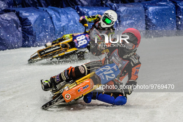 Lukas Hutla (212) (Red) leads Max Neidermaier (88)  (White) during the Ice Speedway Gladiators World Championship Final 1 at Max-Aicher-Aren...