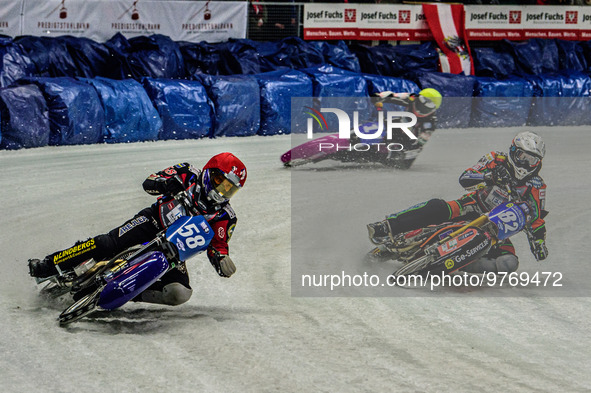 Stefan Svensson (58) (Red) outside Markus Jell (82) (White) and Benedikt Monn (17) (Reserve) (Yellow) during the Ice Speedway Gladiators Wor...