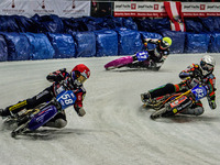 Stefan Svensson (58) (Red) outside Markus Jell (82) (White) and Benedikt Monn (17) (Reserve) (Yellow) during the Ice Speedway Gladiators Wor...