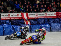 Harald Simon (50) (Blue) inside Mats Jarf (74) (White) during the Ice Speedway Gladiators World Championship Final 1 at Max-Aicher-Arena, In...