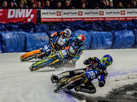 Martin Haarahiltunen (199) (Blue) leads Luca Bauer (48) (Red) and Sebastian Reitsma (283) (White) during the Ice Speedway Gladiators World C...