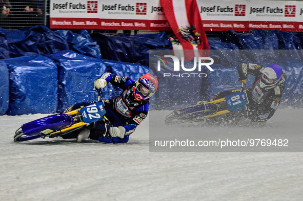 Niclas Svensson (192) (Red) leads Jimmy Olsen (81) (White) during the Ice Speedway Gladiators World Championship Final 1 at Max-Aicher-Arena...