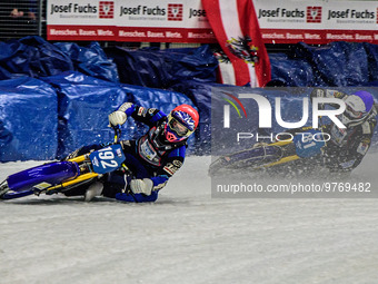 Niclas Svensson (192) (Red) leads Jimmy Olsen (81) (White) during the Ice Speedway Gladiators World Championship Final 1 at Max-Aicher-Arena...