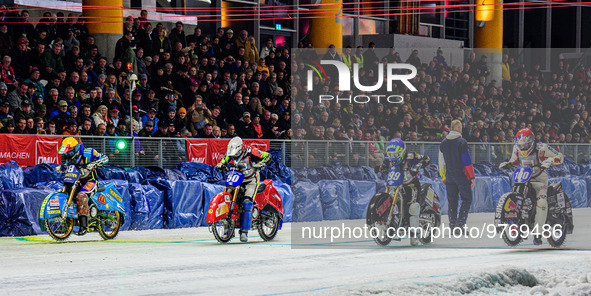 The start of the Final: (l-r) Luca Bauer (48) (Yellow), Harald Simon (50) (White), Martin Haarahiltunen (199) (Blue) and Franz Zorn (100) (R...