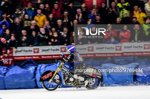 Martin Haarahiltunen (199) Celebrates winning the Meeting during the Ice Speedway Gladiators World Championship Final 1 at Max-Aicher-Arena,...