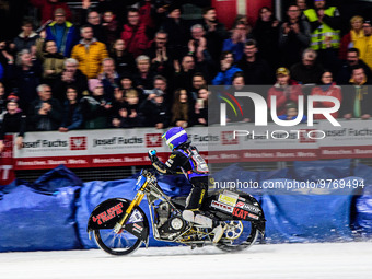 Martin Haarahiltunen (199) Celebrates winning the Meeting during the Ice Speedway Gladiators World Championship Final 1 at Max-Aicher-Arena,...