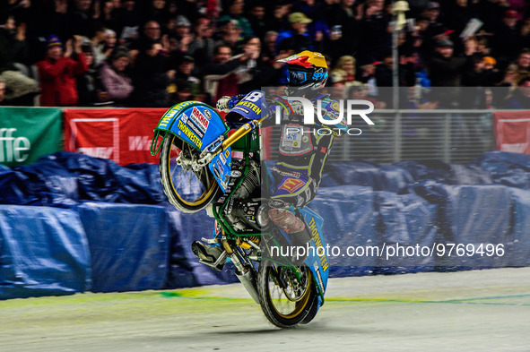 Luca Bauer (48) celebrates second place with a wheelie during the Ice Speedway Gladiators World Championship Final 1 at Max-Aicher-Arena, In...